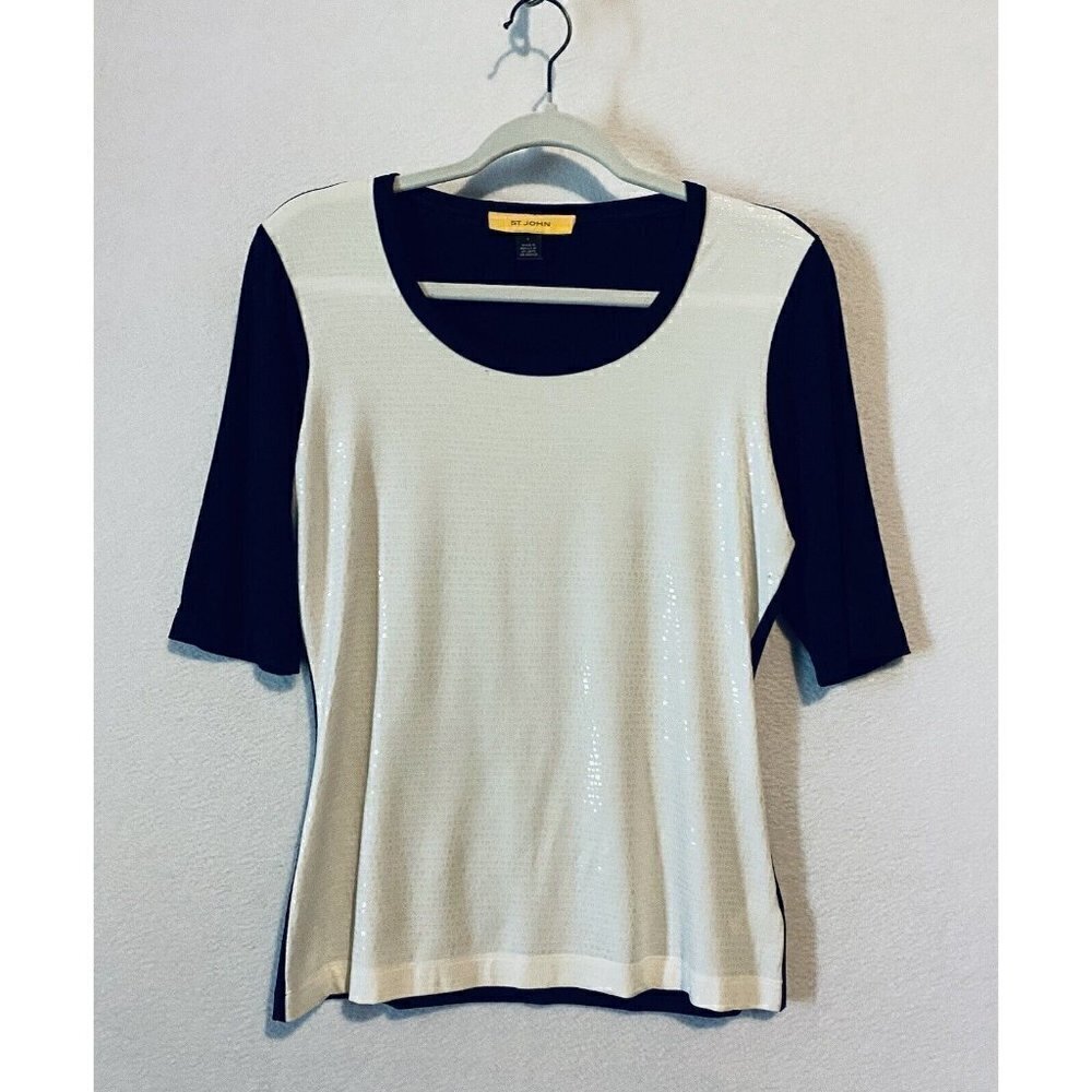 St John Top Womens Small Clear Sequin Front Scoop Neck Short Sleeve Ivory Black